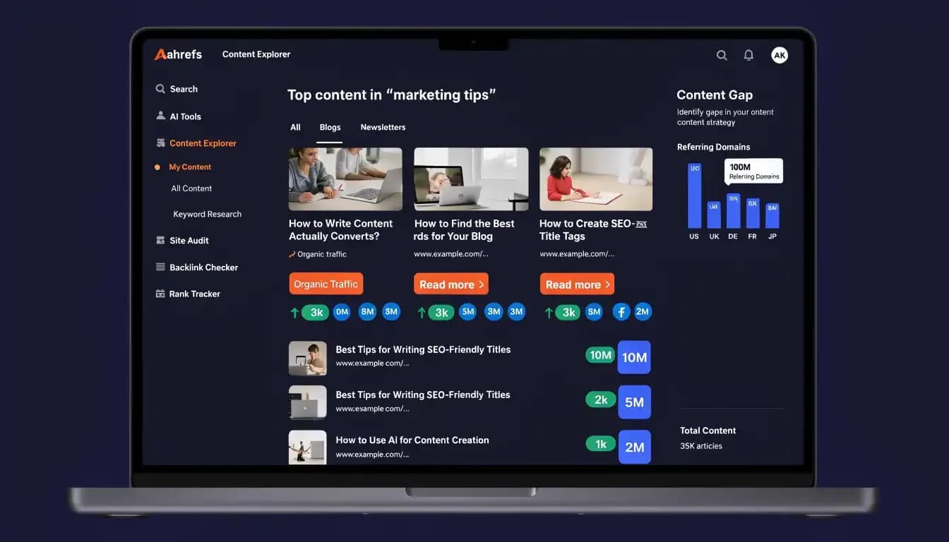 Ahrefs Content Explorer interface showing content discovery feed and organic traffic metrics on MacBook Pro|Ahrefs Content Explorer 2026 — Complete Review