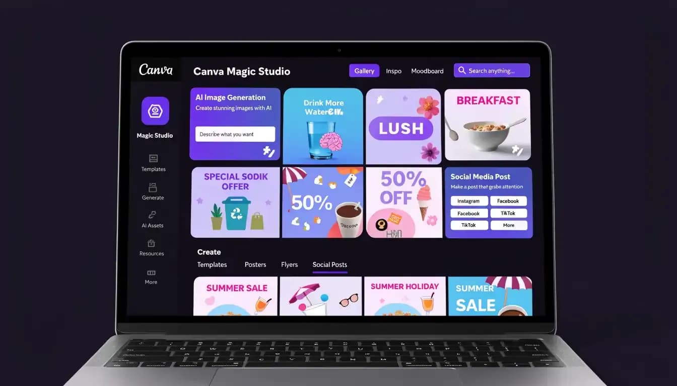 MacBook Pro displaying Canva Magic Studio interface with AI design templates and purple gradient UI