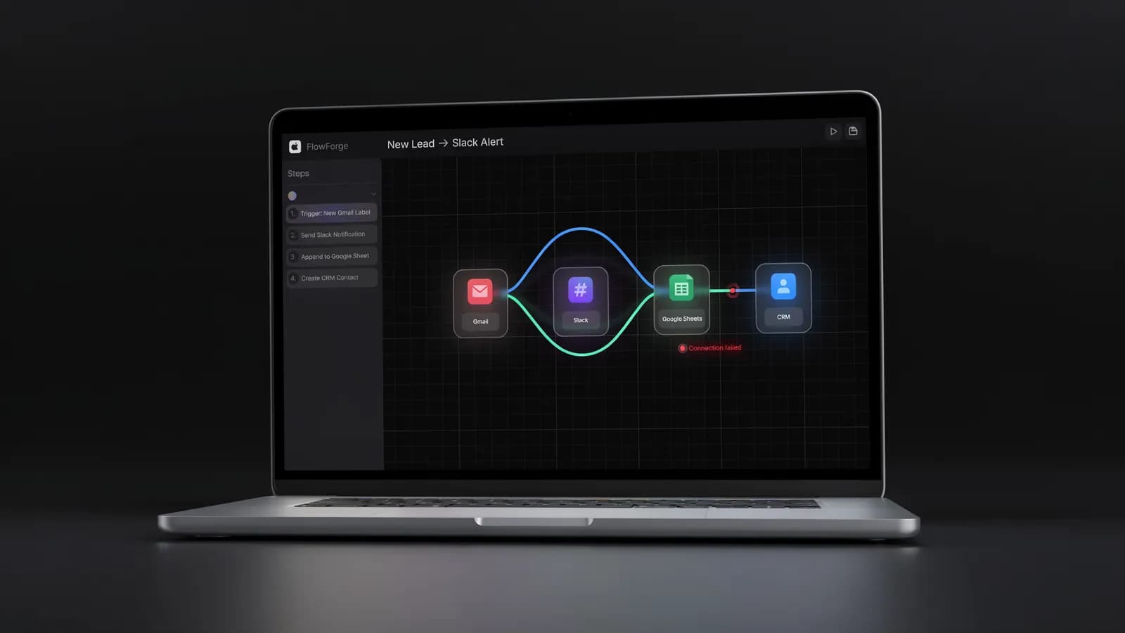 n8n workflow automation canvas showing interconnected marketing nodes — Gmail, Slack, Google Sheets, and CRM — with a broken connection warning indicator, illustrating the complexity of n8n marketing automation setup