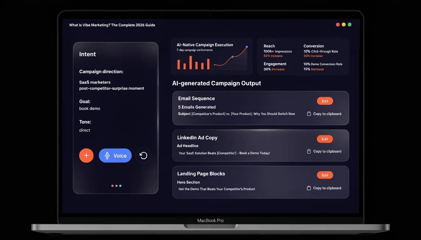 Vibe Marketing 2026 complete guide — hero illustration showing AI-native marketing execution workflow