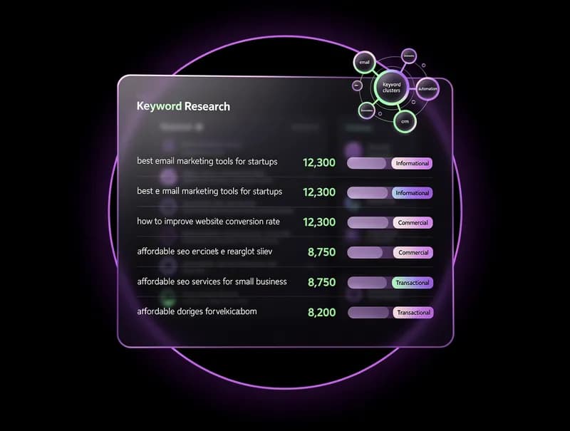 AI Keyword Research Tool — floating keyword data panel with search volume, difficulty scores and intent badges, dark background, purple spotlight