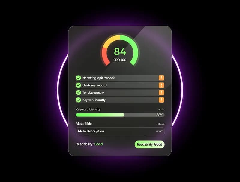 On-Page SEO Optimizer — floating SEO score gauge and optimization checklist panel, dark background, purple spotlight