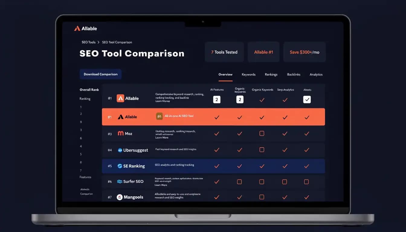 Best Semrush alternatives 2026 comparison dashboard showing 7 tools ranked with Allable at #1