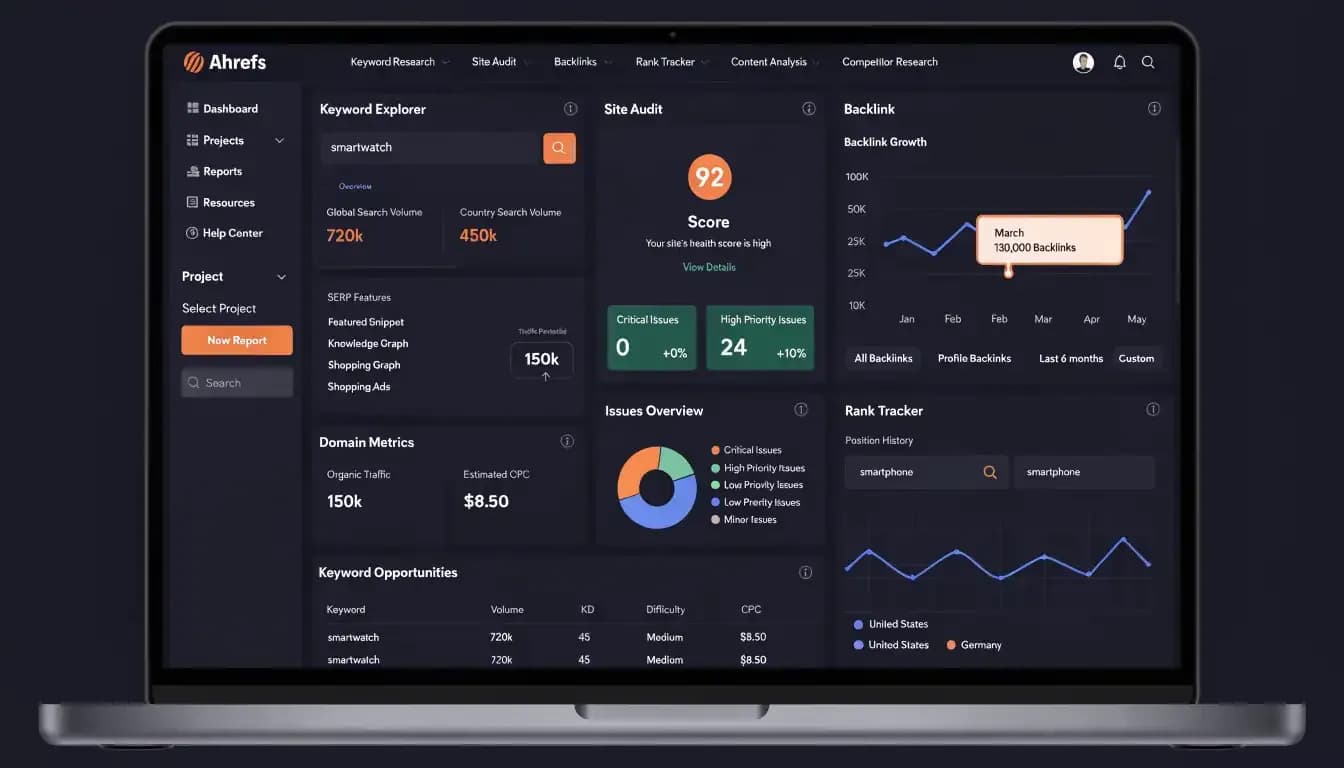 Ahrefs SEO platform dashboard on MacBook Pro showing keyword explorer, site audit, backlink graph and rank tracker in dark mode|Ahrefs Review 2026 — Is It Worth the Price?