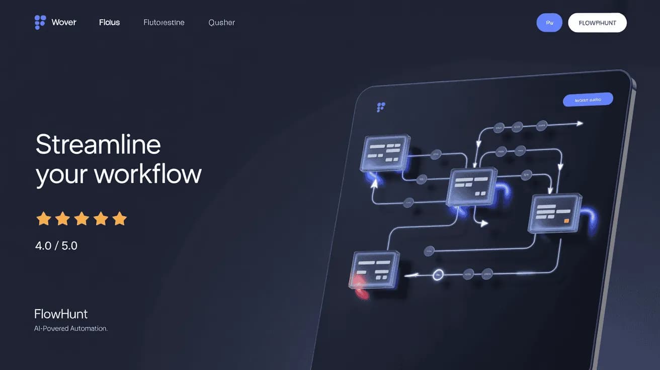 FlowHunt Review 2026: AI workflow builder review showing connected nodes and rating
