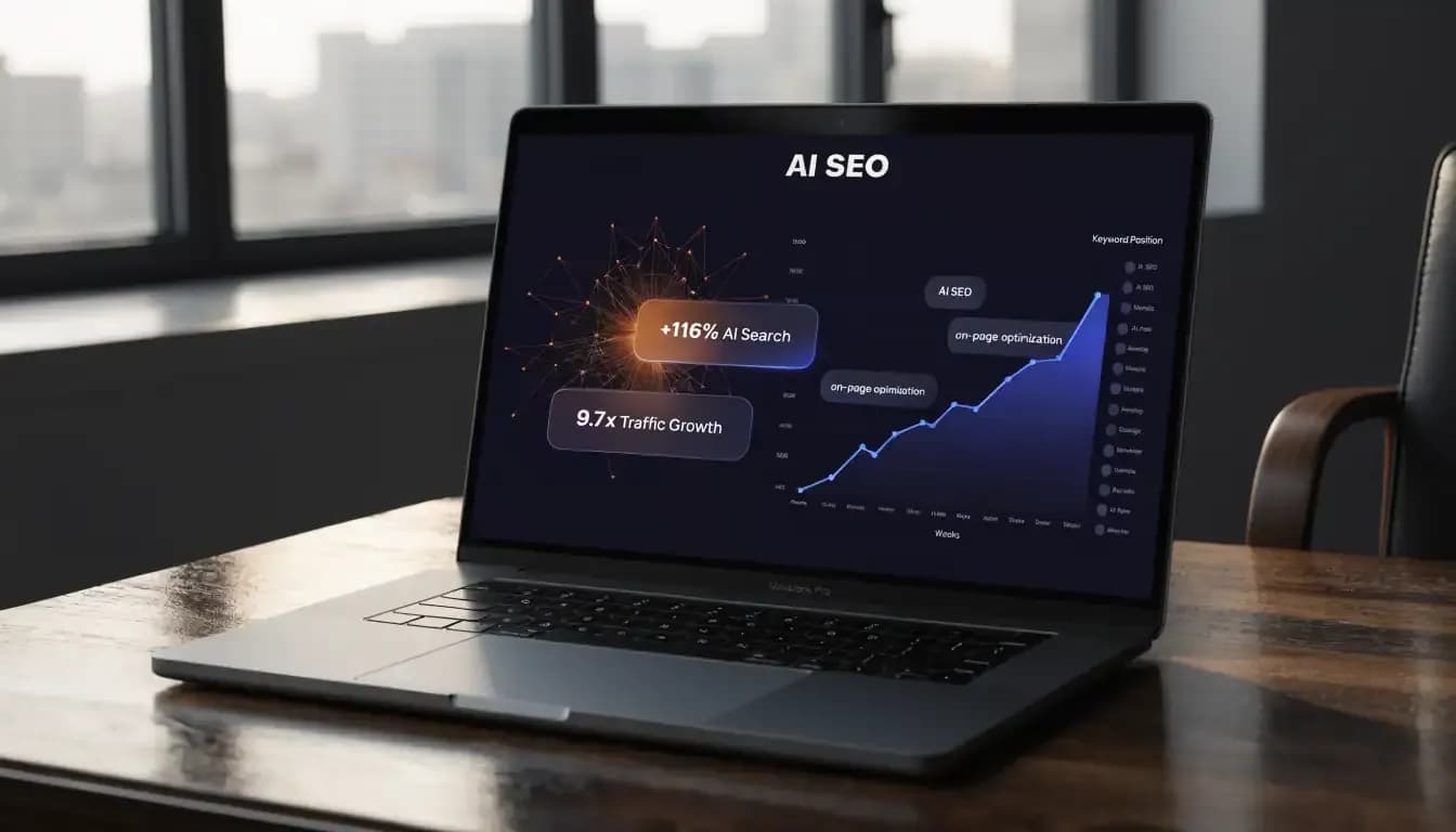 AI SEO dashboard showing neural network visualization, keyword clusters, and ranking charts — Allable AI SEO tool