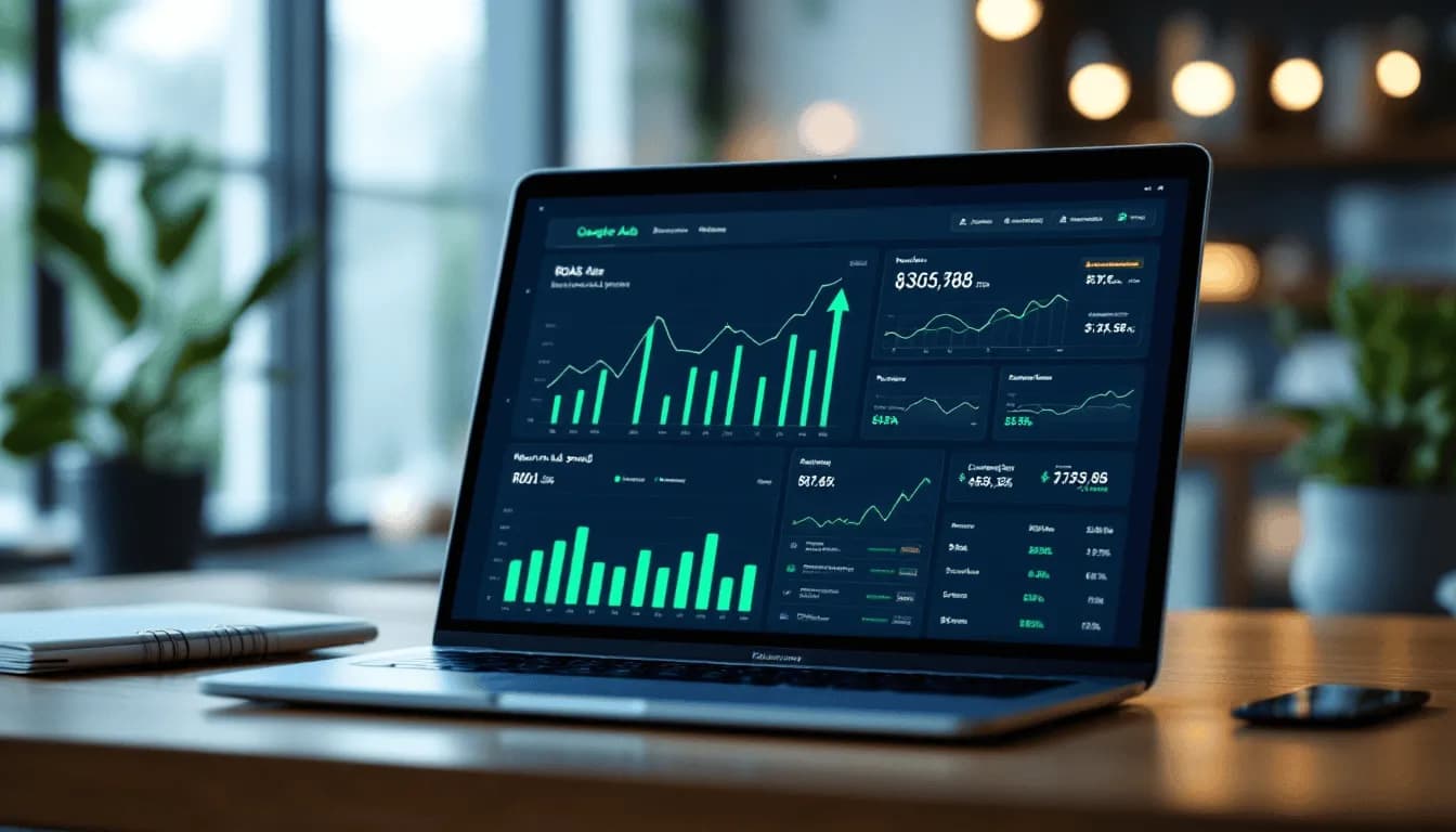 Google Ads ROAS dashboard showing return on ad spend metrics and revenue performance charts