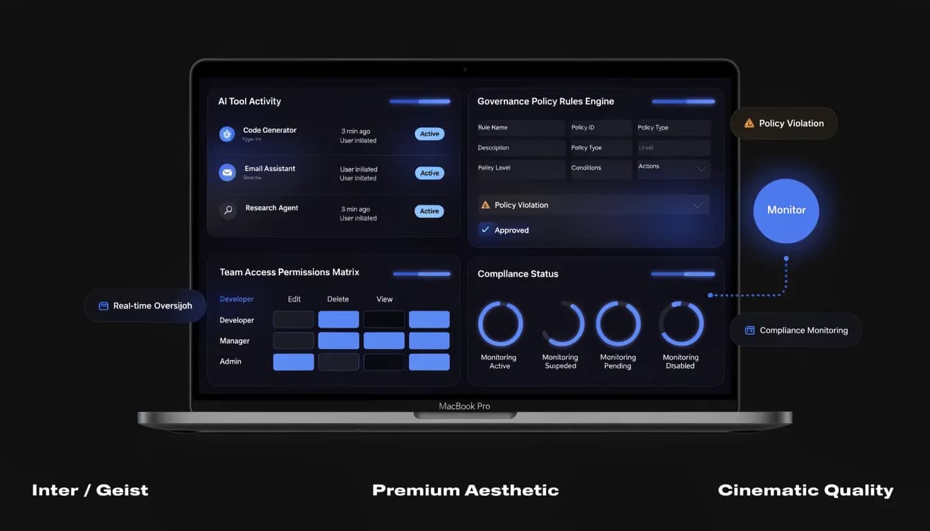 AI governance tools for marketing teams — control panel dashboard with compliance monitoring and policy oversight, dark background, electric blue and amber accents